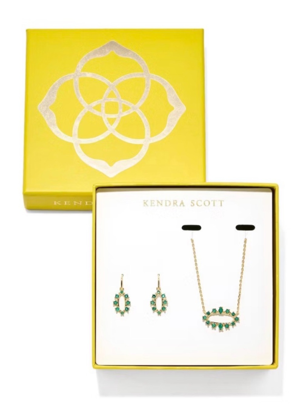 Kendra Scott Eva Gold and Emerald Crystal Necklace & Earring Coordinated Set New